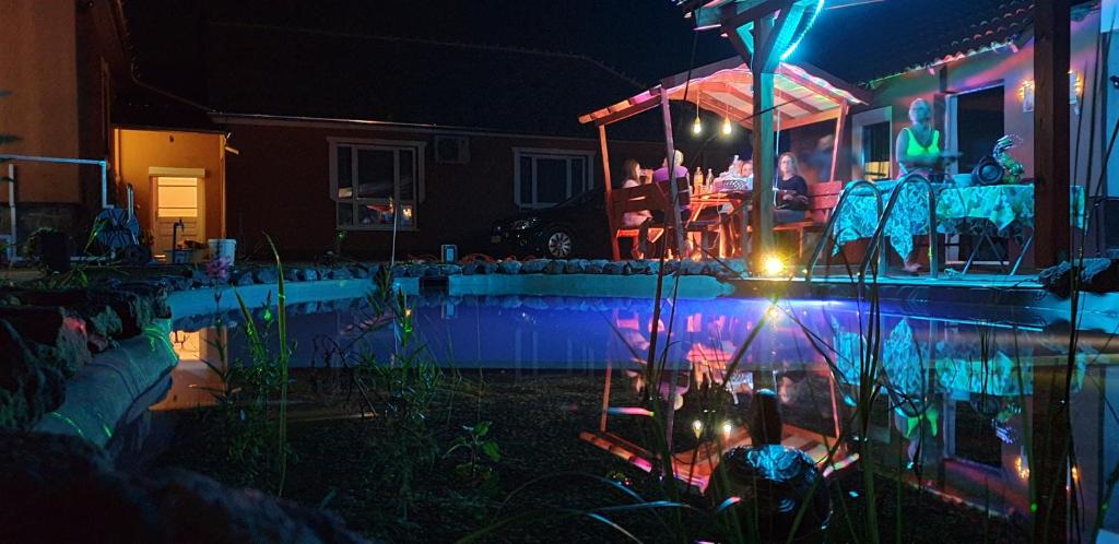 un grupo de personas sentadas en una piscina por la noche en Grevia Apartmanok en Poroszló