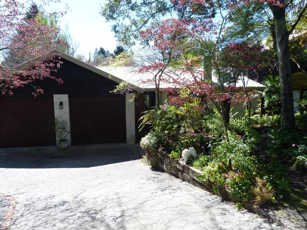 a house with a dog sitting in front of a driveway at Fred&Donz Bed and Breakfast in Taupo