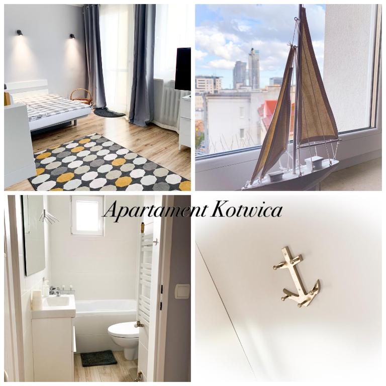 a collage of pictures of a bathroom with a sailboat on a window at Apartament Kotwica in Gdynia
