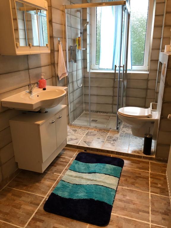 ein Badezimmer mit einem Waschbecken, einer Dusche und einem Teppich in der Unterkunft Misha,s Place in Duisburg