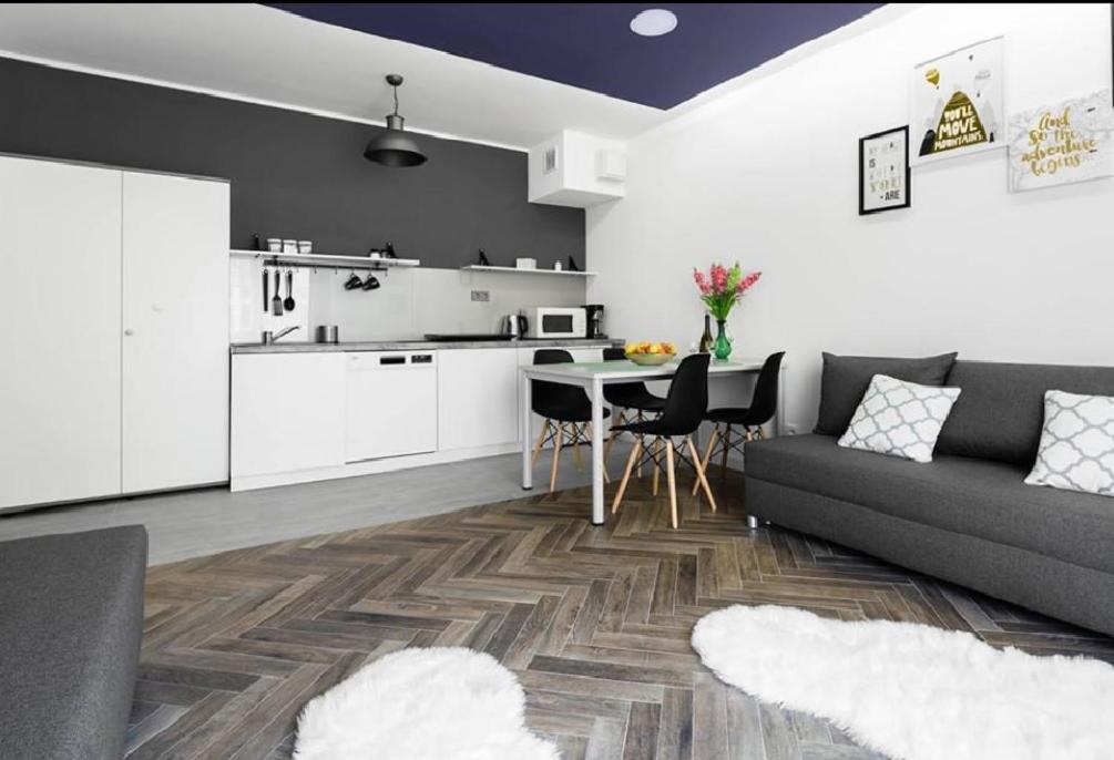 een keuken en een woonkamer met een bank en een tafel bij Room Tour Rakowicka 14a- Free Garage in Krakau