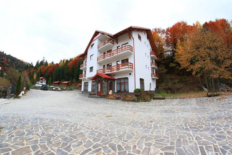 ein großes weißes Gebäude auf einem Steingrundstück in der Unterkunft Hotel Paltinis in Statjunea Borsa