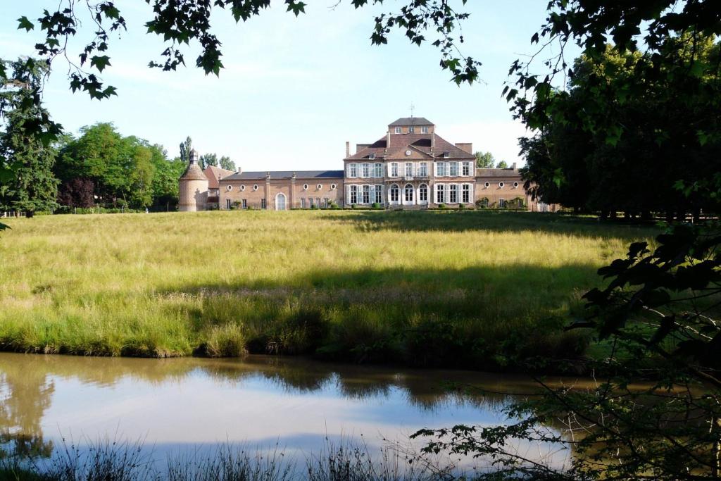 une grande maison dans un champ avec un étang dans l'établissement Château de Saint-Augustin, à Château-sur-Allier