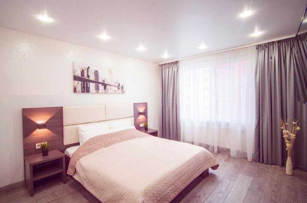 チュメニにあるAtma House однокомнатная квартира у Аквапаркаのベッドルーム(大型ベッド1台、大きな窓付)