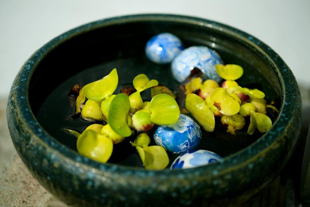 a green bowl filled with blue and yellow balls at Guesthouse Iwase in Toyama
