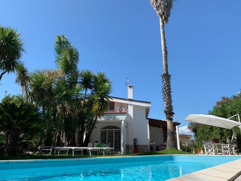 a villa with a swimming pool and a palm tree at Edri beach house in Pontecagnano