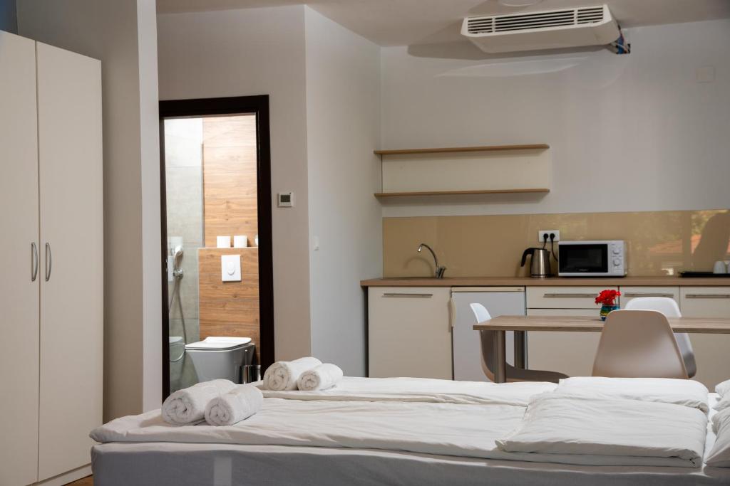 Kuchyň nebo kuchyňský kout v ubytování Apartments Bashoski