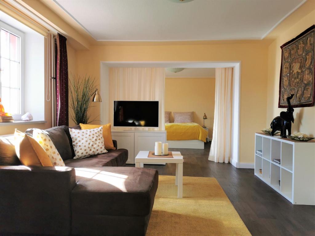 uma sala de estar com um sofá, uma televisão e uma cama em Spilburg Apartments em Wetzlar