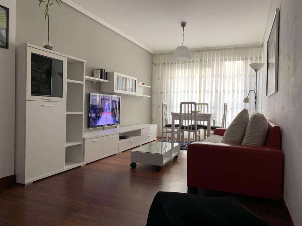 a living room with a couch and a tv at Apartamento en Bilbao con Garaje opcional in Bilbao