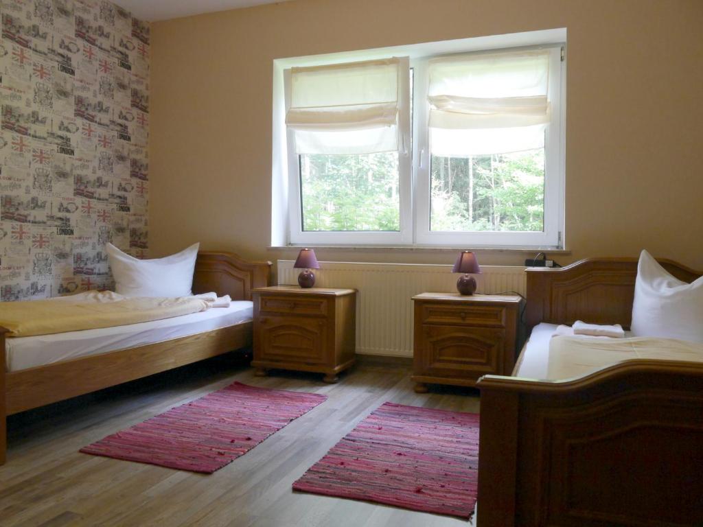 a bedroom with two beds and two windows at Gästehaus Zimmer Frei in Bramstedt