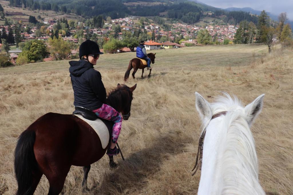 dos personas montando a caballo en un campo en Dona Guest House - Horse Riding, en Koprivshtitsa