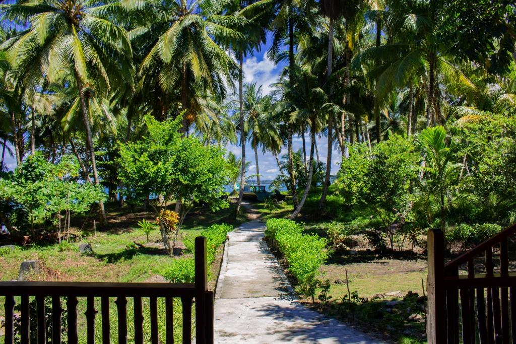 un chemin à travers un parc planté de palmiers dans l'établissement Nyang Ebay Surf Camp siberut front E-Bay,Beng-Bengs,Pitstops,Bank Vaults,Nipussi, à Masokut