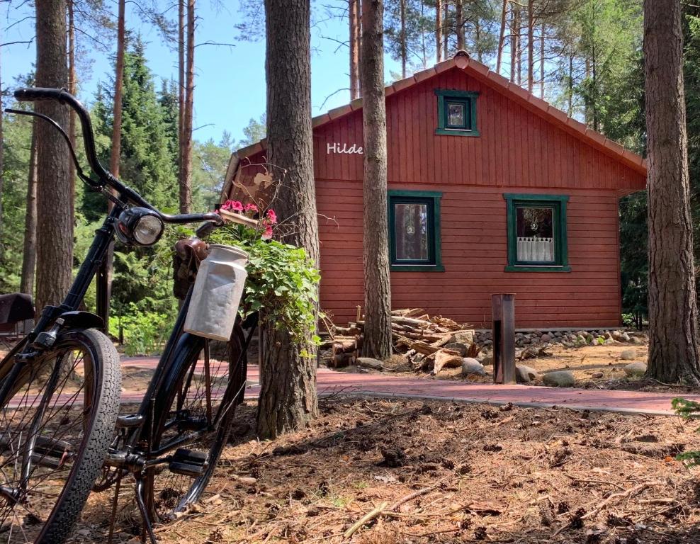 Suderburg的住宿－Waldhaus Hilde，一辆停在红色小屋前的自行车