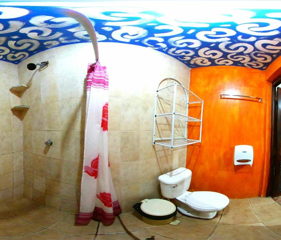 a bathroom with a toilet and a shower at Hostal Brisas y Olas in San Juan del Sur