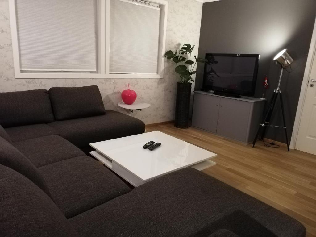 un soggiorno con divano e TV di The Little Apartment a Sola