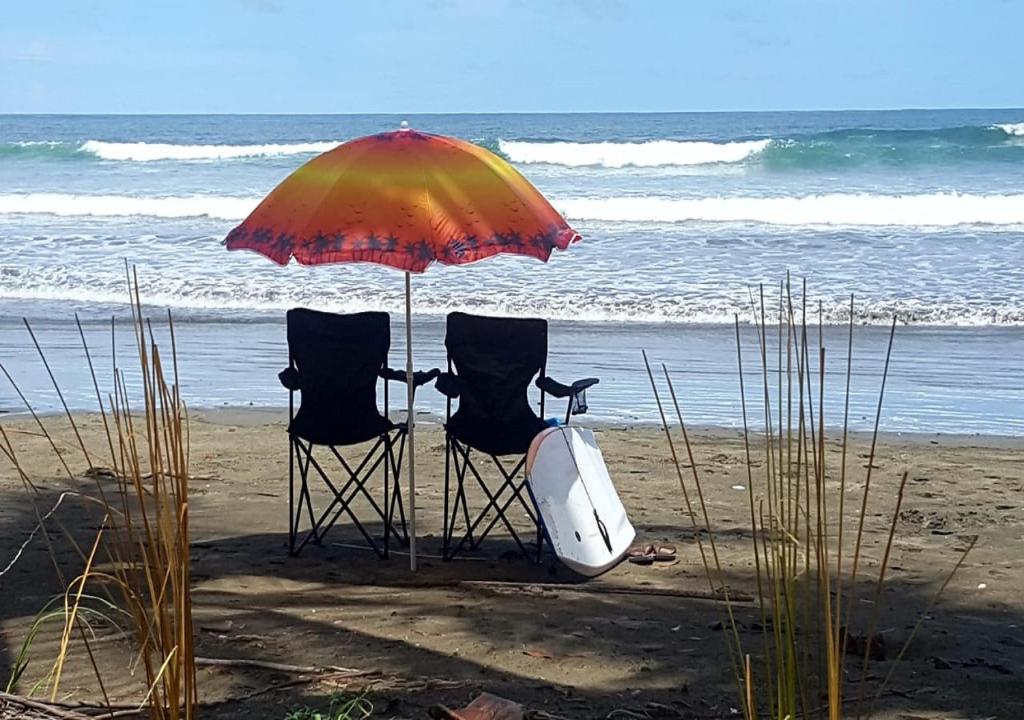 duas cadeiras debaixo de um guarda-sol na praia em Down By The Sea, the beachfront Apartment em Puerto Coyote