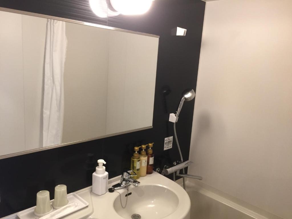 a bathroom with a sink and a large mirror at HOTEL MYSTAYS Kamata in Tokyo