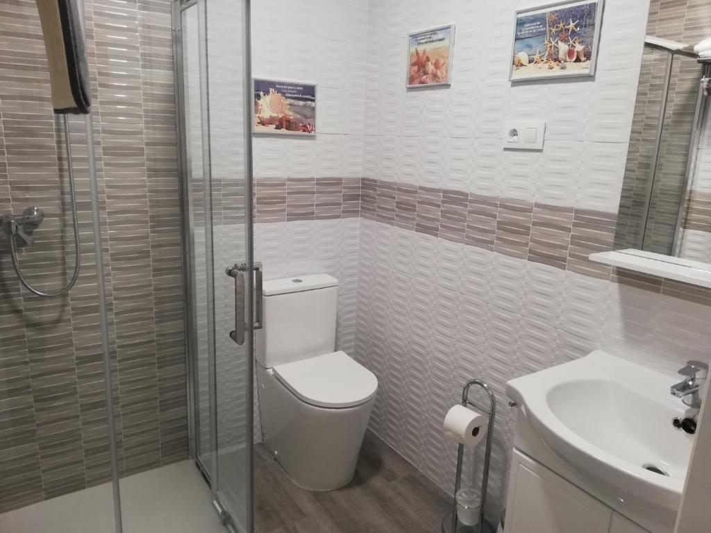 Un baño con inodoro, lavabo y ducha. en Apartamentos SEOANE, en Finisterre