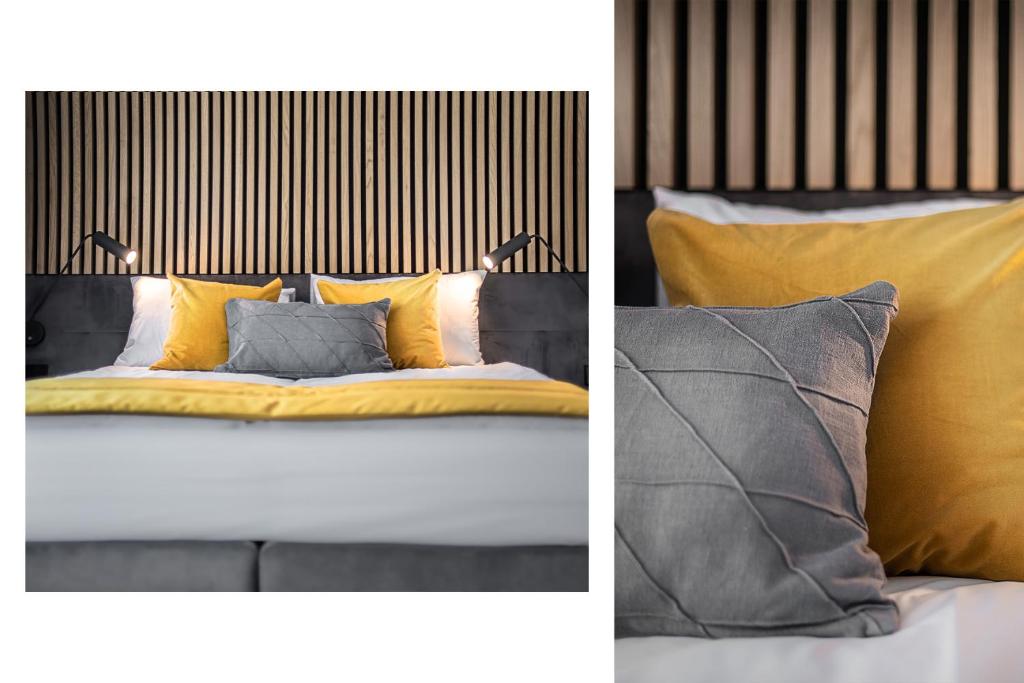 two pictures of a bed with yellow and grey pillows at Jono kalnelis Apartments in Klaipėda