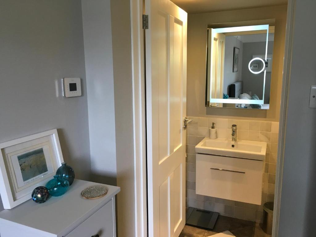 bagno con lavandino e specchio di Tranquil, luxurious double bedroom, en-suite, cosy private lounge, woodburner & your own front door a Henley on Thames