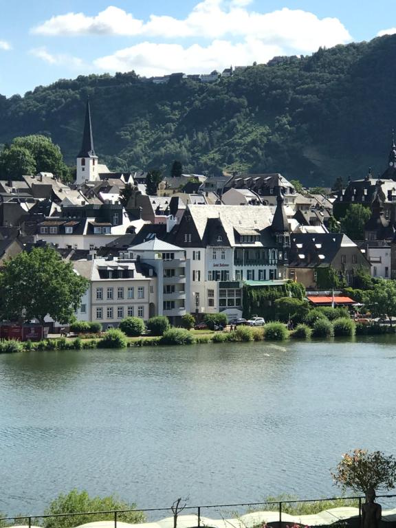 a city with a river and a town with buildings at Ferienhaus Moselblick in Traben-Trarbach