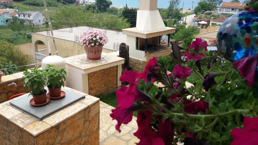 ヴィタラデスにあるGardenos Mamas Reasの鉢植えの花を望むバルコニーが備わります。