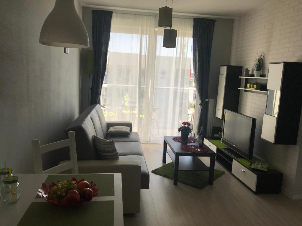 - un salon avec un canapé et une télévision dans l'établissement Apartament Lucky, à Pruszcz Gdański