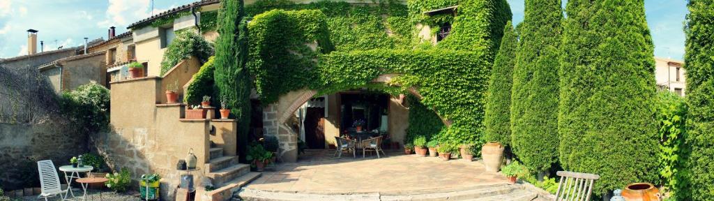 un edificio cubierto de hiedra con patio y mesa en Hotel La Posada de Lalola, en Buera
