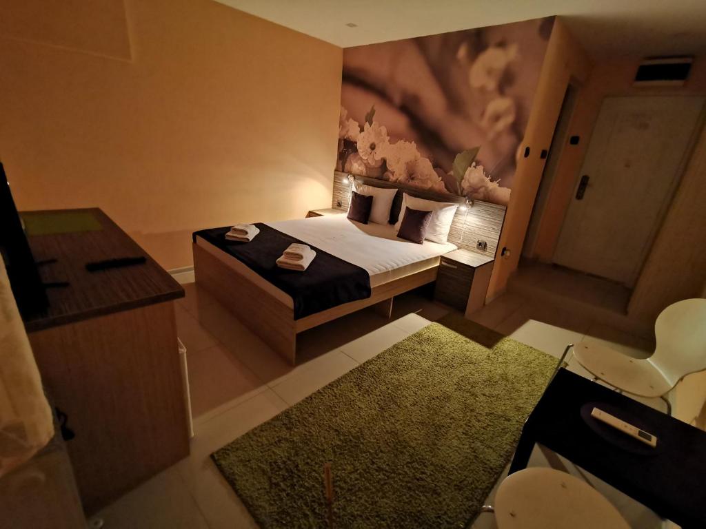 ニシュにあるNiš City Center Guest Houseのベッドとバスルーム付きのホテルルームです。