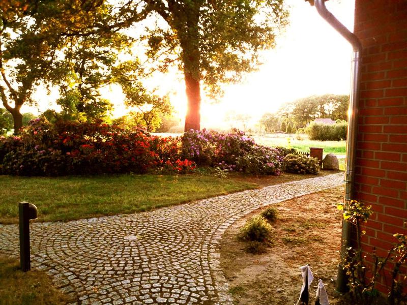 a cobblestone path in a park with a tree and flowers at Apartment Schoene Aussicht in Langwedel