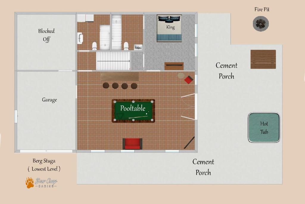 a floor plan of a building with a brick wall at Berg Stuga, Free Attraction Tickets, Game Room, Hot Tub, WIFI!!! in Townsend