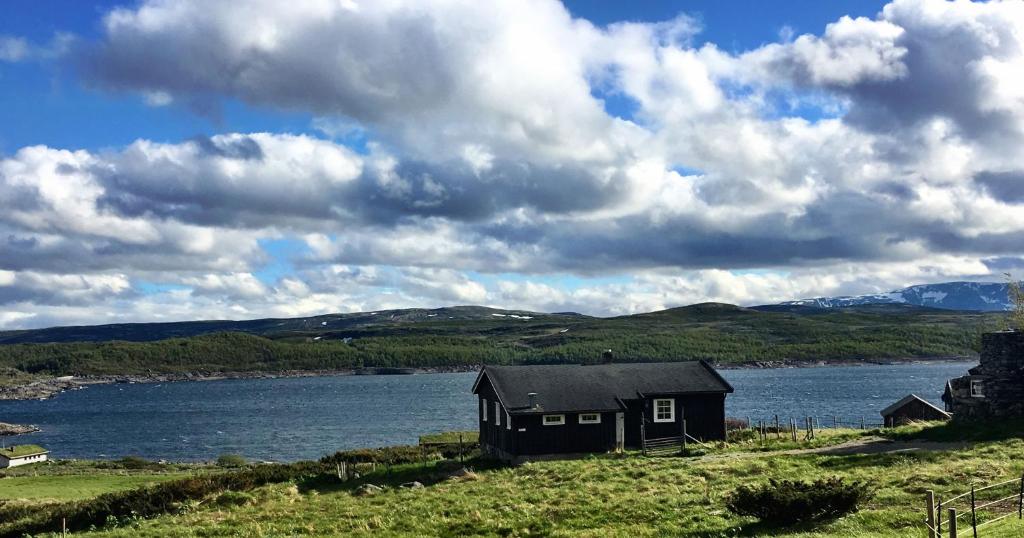 a house on a hill next to a body of water at Kjøniksbu - 3 bedroom cabin in Al