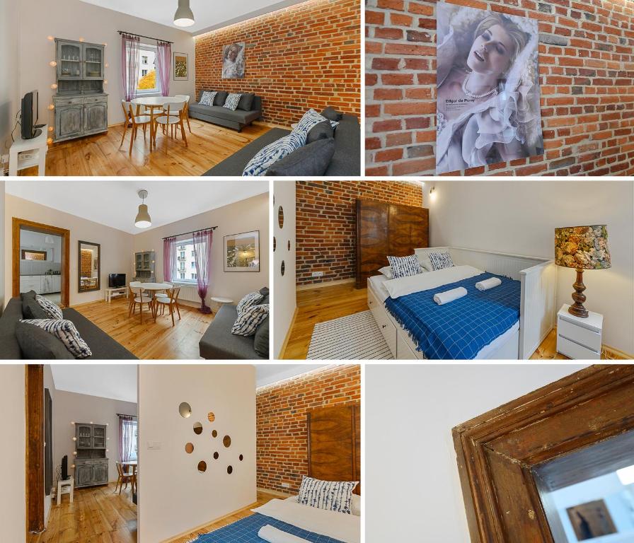 a collage of photos of a room with a brick wall at OFF Piotrkowska Gate in Łódź