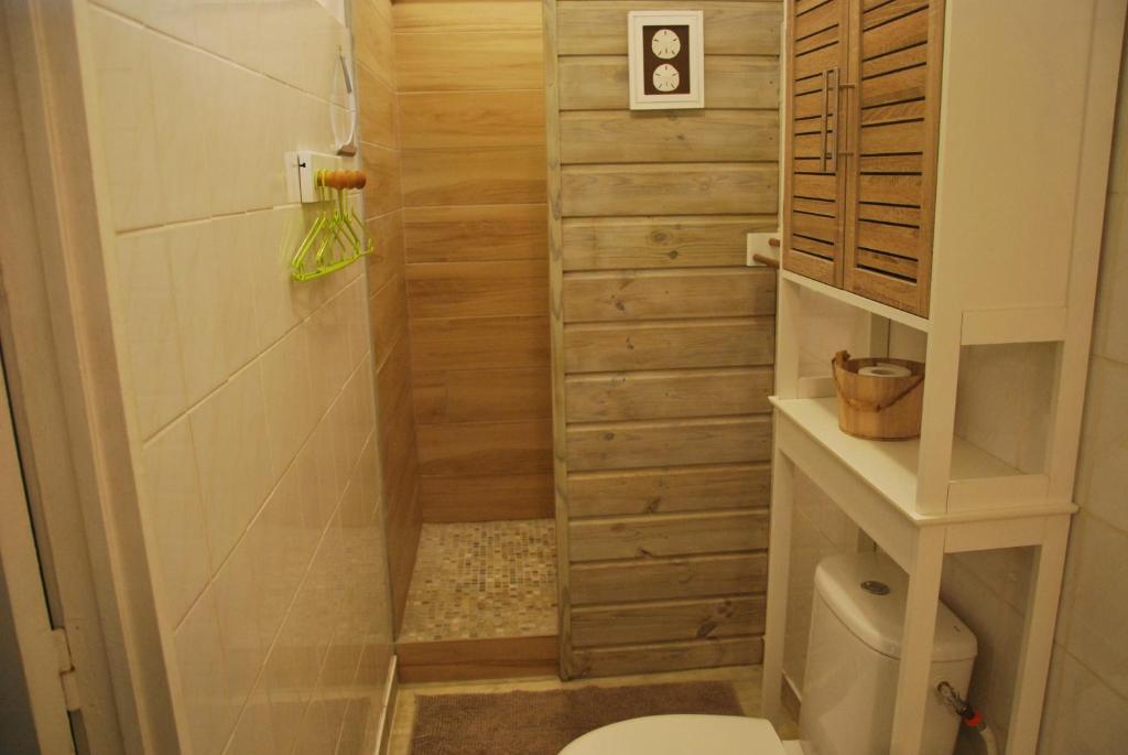 a small bathroom with a toilet and a shower at Villa Kannel in Petit-Bourg