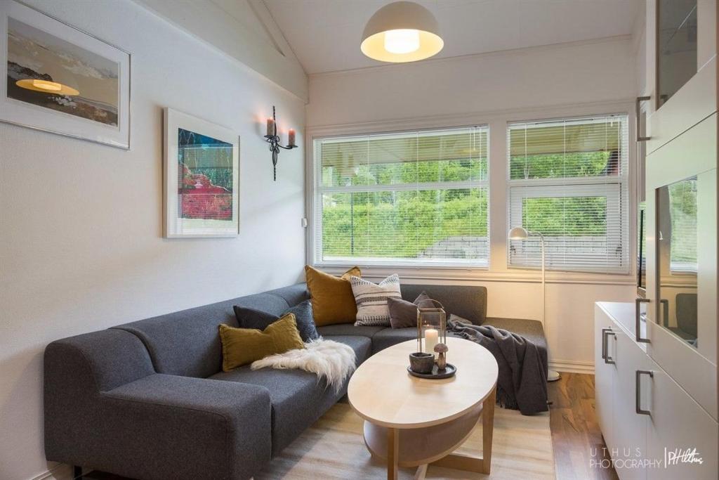uma sala de estar com um sofá e uma mesa em Actif 305 Apartment by Ål Ski Center em Al