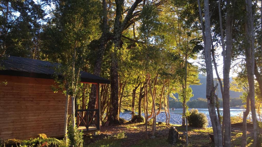 une cabine dans les bois avec vue sur l'eau dans l'établissement Cabañas Parque Michimahuida, à Chaitén