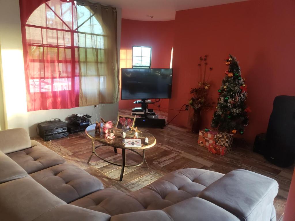 a living room with a couch and a christmas tree at CASTLE VIEW VILLA in Diamond