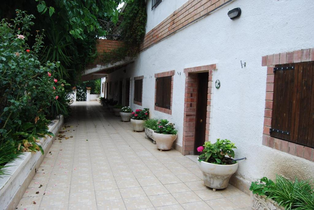 an alley with potted plants next to a building at Apartamentos Les Moreres in Duesaigües
