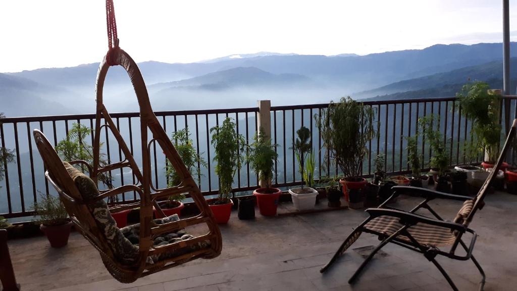 a chair and potted plants on a balcony with a view at The River View Homestay in Kurseong