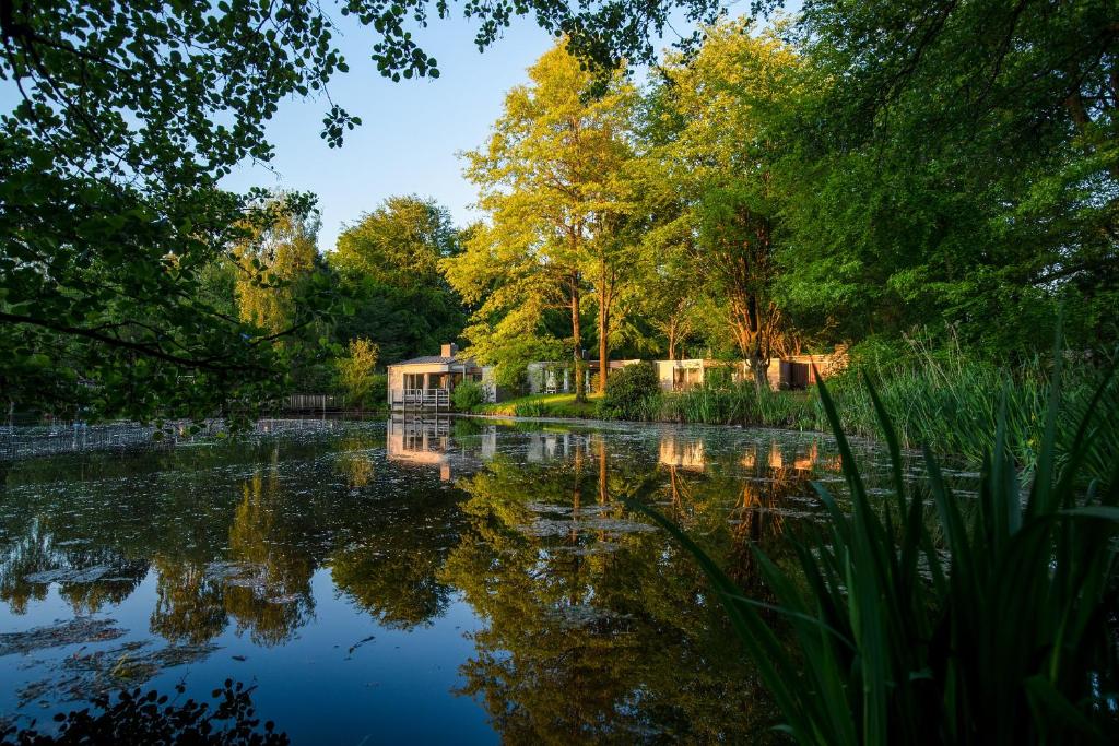 a view of a pond with trees and a house at Center Parcs De Eemhof in Zeewolde