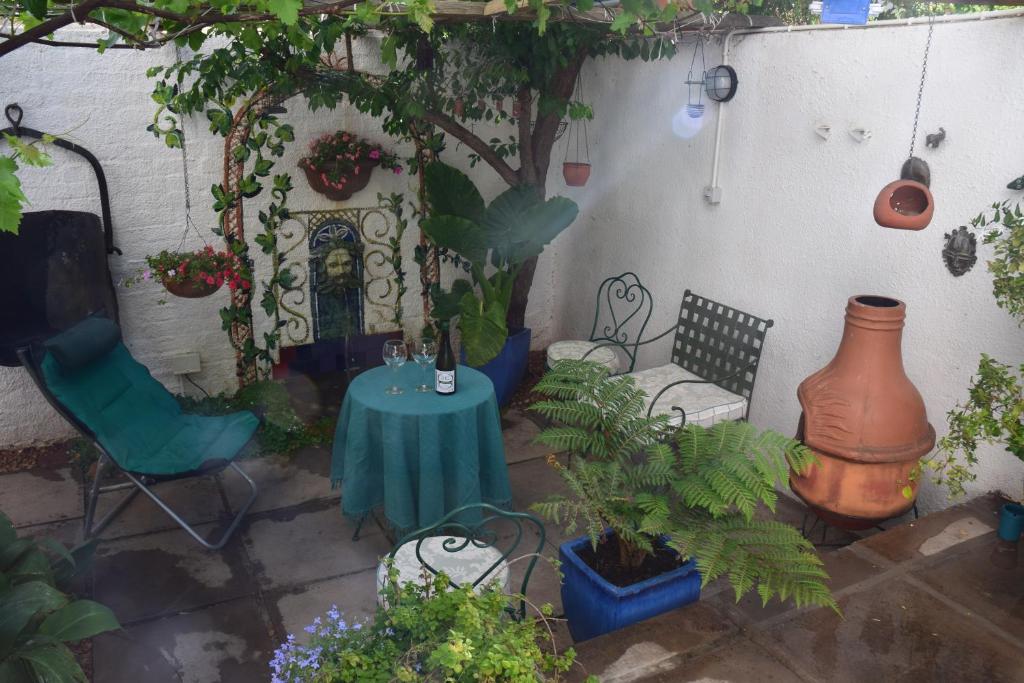 eine Terrasse mit einem Tisch, Stühlen und Pflanzen in der Unterkunft Buckhouse Elegant Village Apartment in Heidelberg