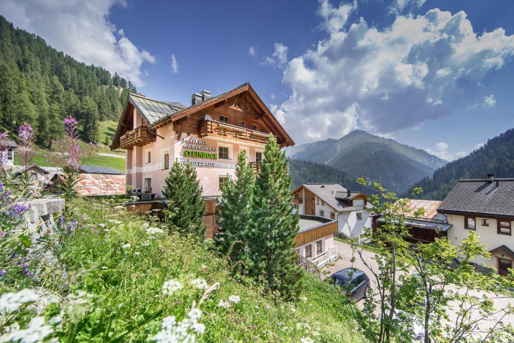 ein Haus auf einem Hügel mit Bergen im Hintergrund in der Unterkunft Apartment Steinbock in Samnaun