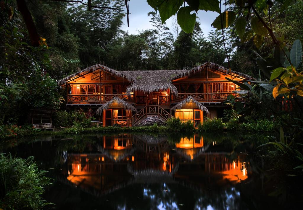 a house in the middle of a forest at night at Mindo Lago Hotel Destino in Mindo