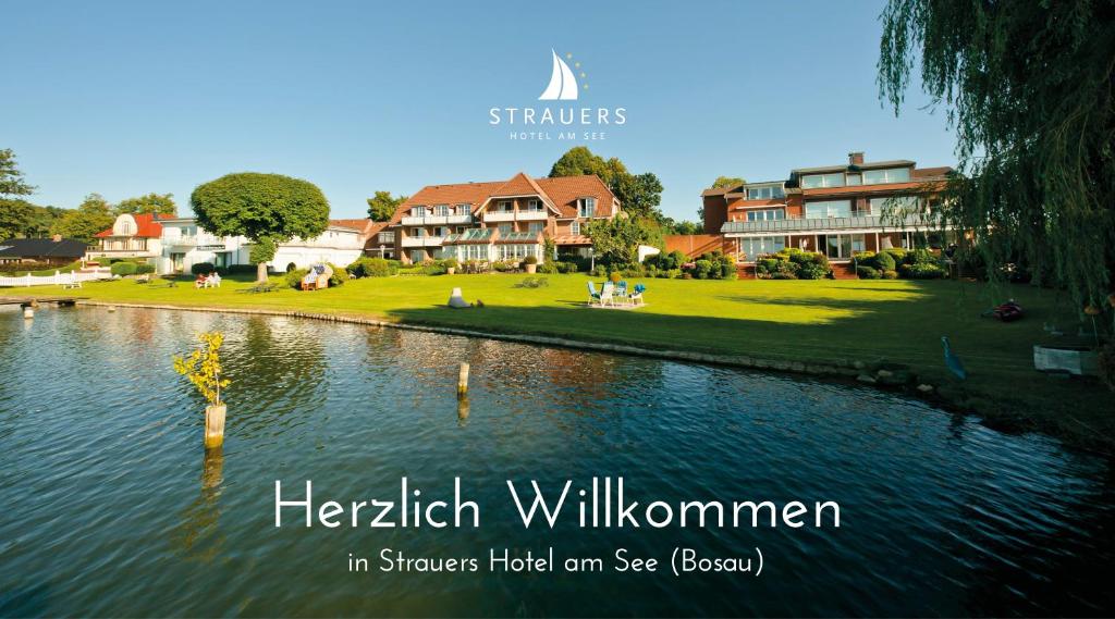 BosauにあるStrauers Hotel am Seeの家屋を背景にした湖像