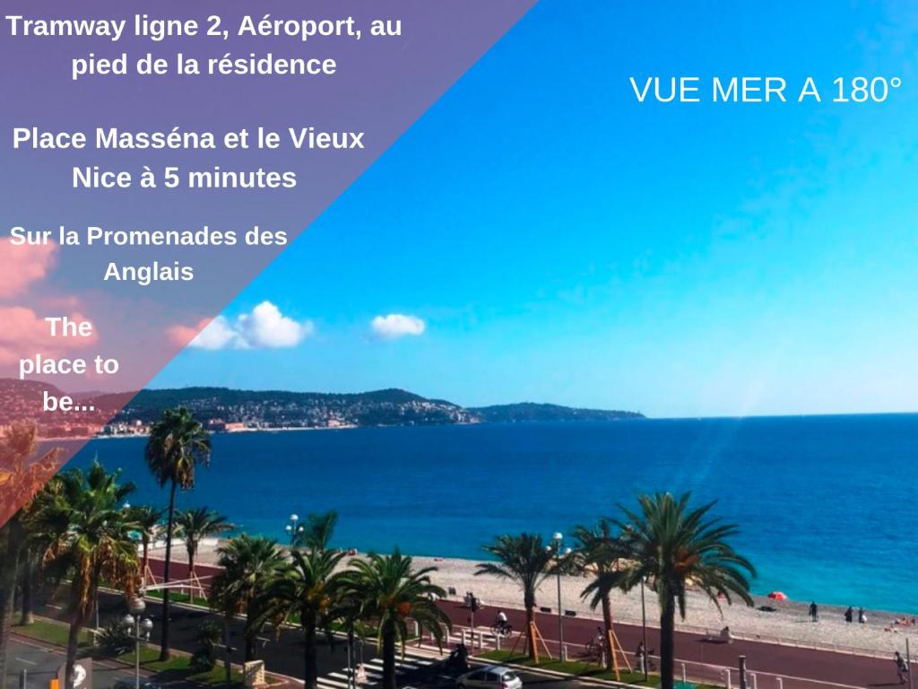 a view of a beach with palm trees and the ocean at 219 Promenade in Nice