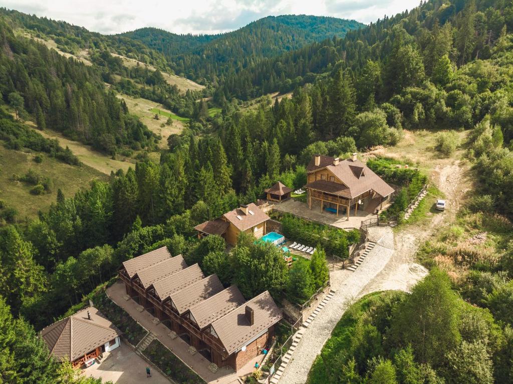 an aerial view of a house in the mountains at Villa Alpiyka in Slavske