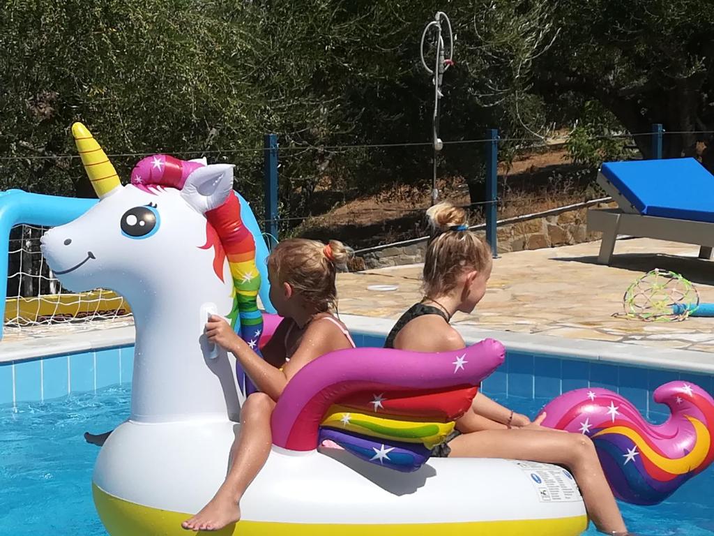 two girls riding on an inflatable unicorn in a pool at Hakuna Matata Holidays 'Agalia' with pool in Greek Olive Grove in Methoni