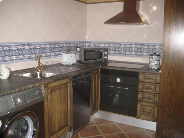 cocina con fregadero y microondas en Apartamentos Rurales Esencias De La Alcarria, en Hueva