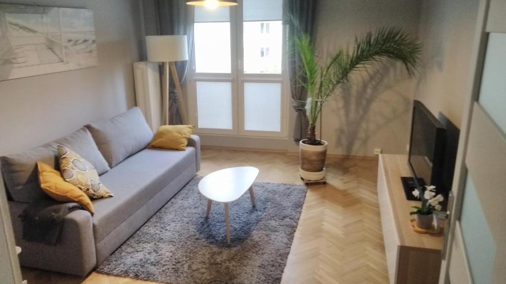 un soggiorno con divano e tavolo di GreyT a Toruń