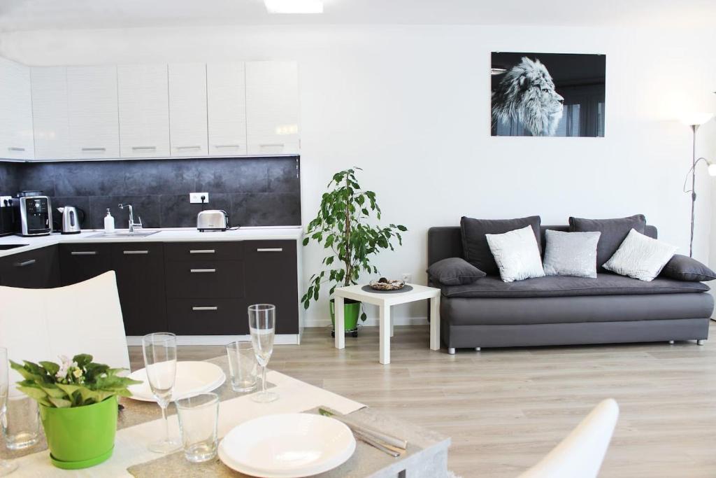 Il dispose d'une cuisine et d'un salon avec un canapé et une table. dans l'établissement LEO Apartment FREE PARKING - Augusta, à Bratislava